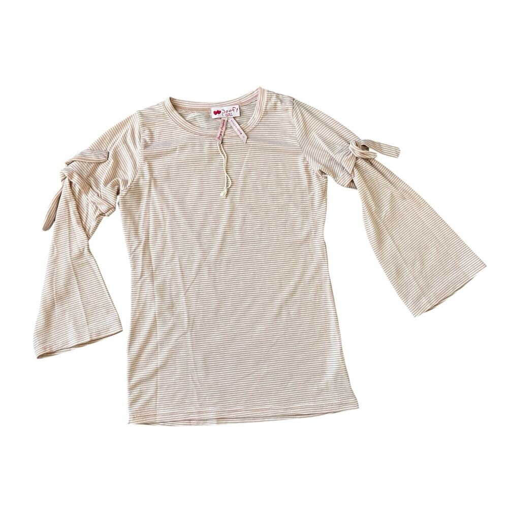 NWOT Girls L Poof Girl Pink White Stripe Long Sleeve Blouse Tie Accent